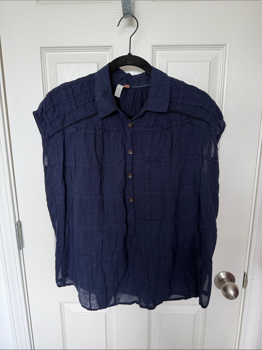 Pilcro Navy Blue Button-Front Cap-Sleeve Blouse